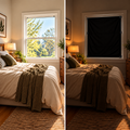 Before and after comparison showing bright bedroom before and Dusluna blackout curtain after