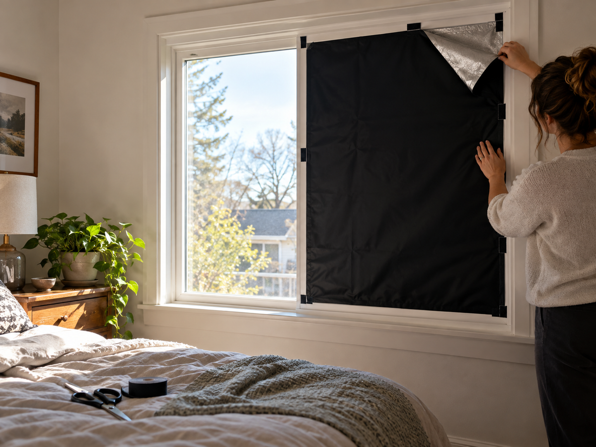 Person installing the Dusluna portable blackout curtain on a bedroom window
