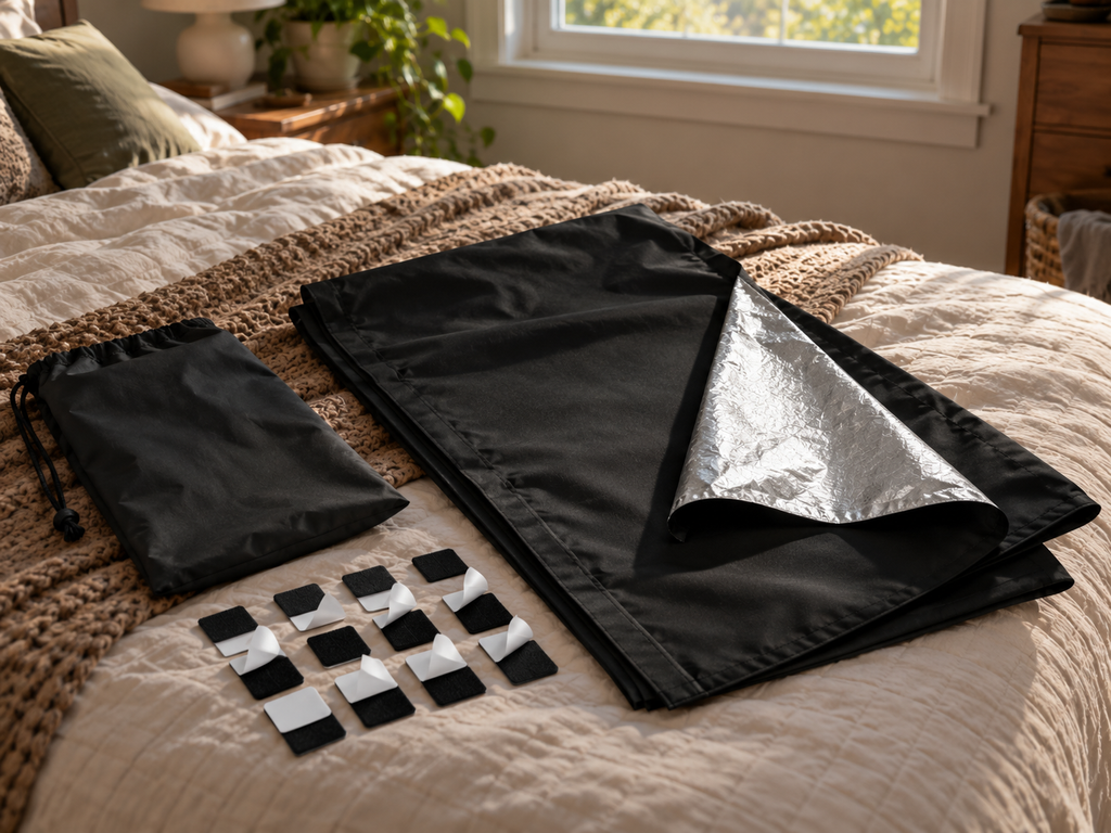 Dusluna blackout curtain showing black front, silver backing and included fasteners