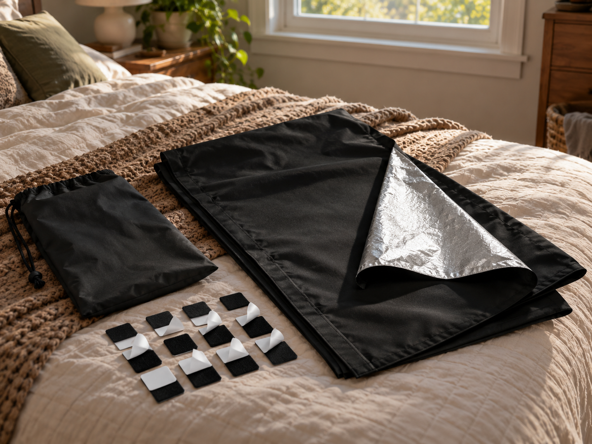 Dusluna blackout curtain showing black front, silver backing and included fasteners
